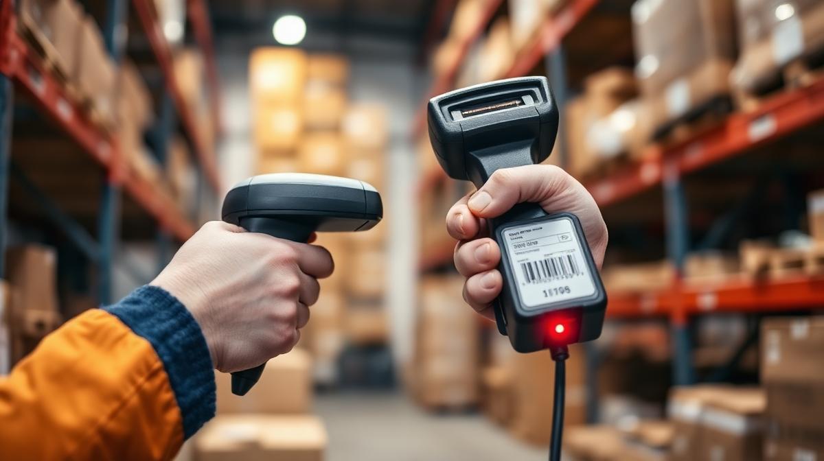 Warehouse worker troubleshooting a Zebra barcode scanner that stopped scanning labels on the loading dock